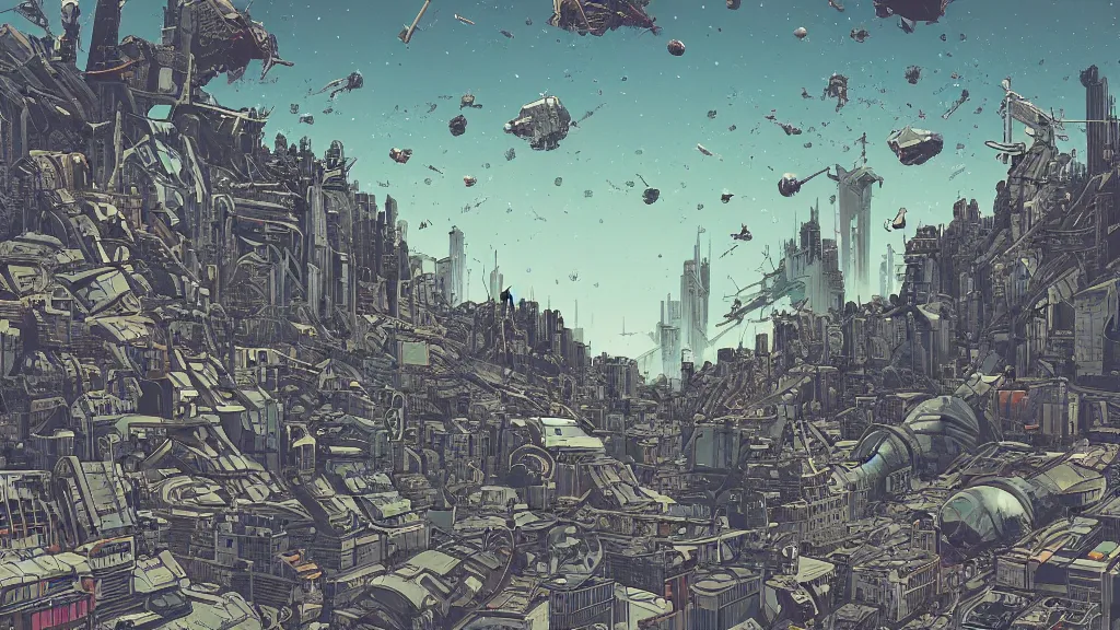 Image similar to very detailed, prophet graphic novel, ilya kuvshinov, mcbess, rutkowski, simon roy, illustration of decrepit arcologies skyline dystopian megacity with space junk floating in the sky on a dead planet earth, wide shot, colorful, deep shadows, astrophotography