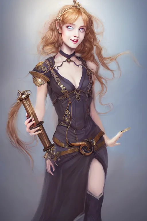 Image similar to portrait of a gorgeous young female artificer holding a strange device, looking at camera, D&D, choker on neck, stylish dress, mouth slightly open, cute slightly nerdy smile, very long flowing hair, intricate, elegant, stylish, fantasy, extremely detailed, digital painting, artstation, concept art, smooth, sharp focus, illustration, stunning lighting, art by artgerm and greg rutkowski and alphonse mucha and simon stalenhag