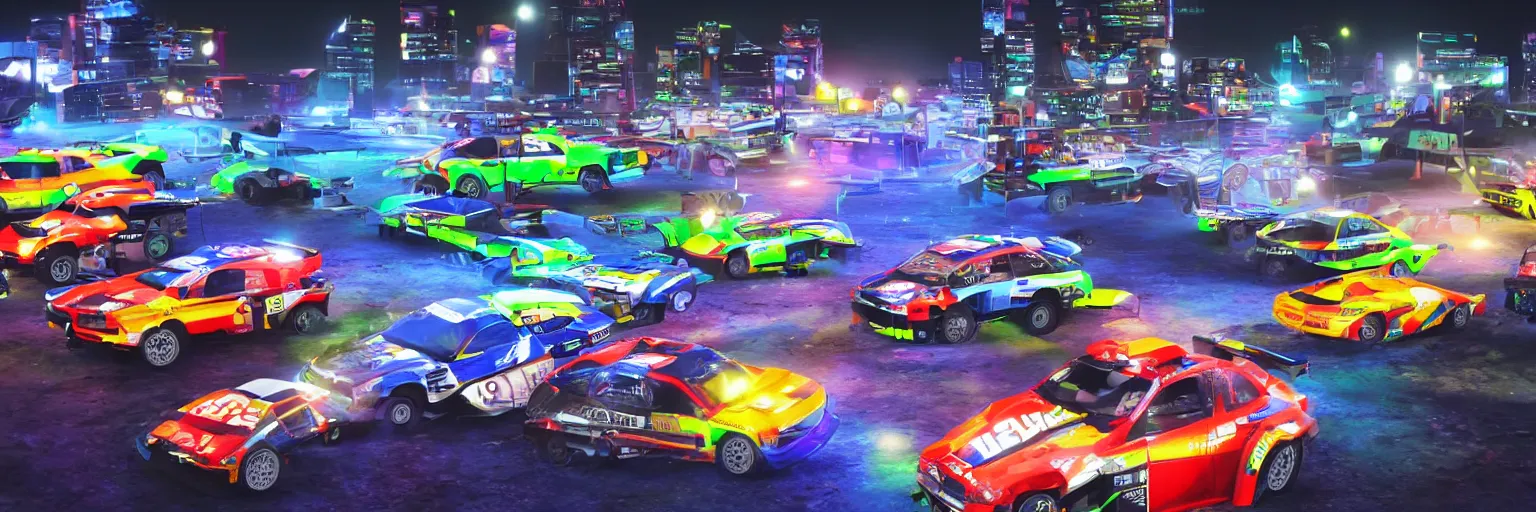 Prompt: rally cars racing at futuristic city with neon lights and dust