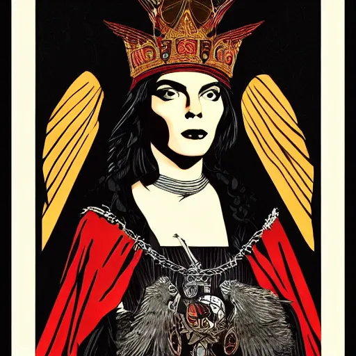 Prompt: Illustrated by Shepard Fairey and H.R. Geiger | a renaissance style portrait painting of raven winged female vampire with VR helmet , wearing a crown and cape, , surrounded by cables, dark background