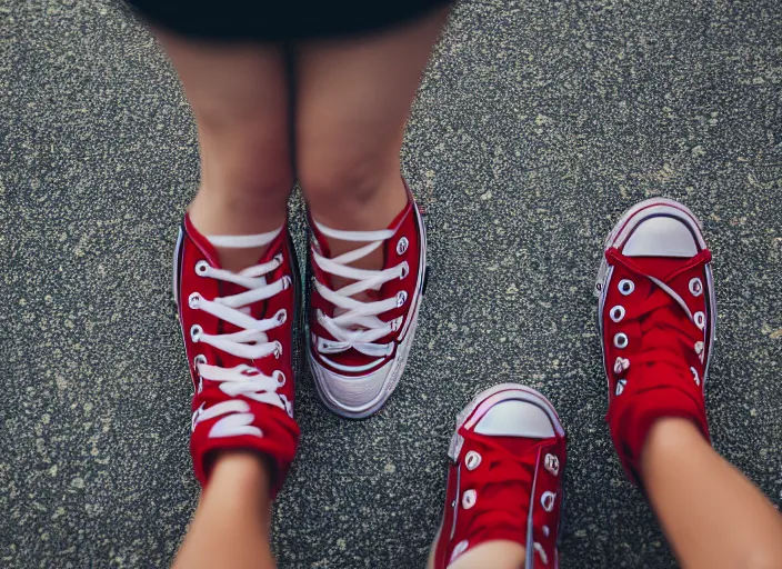 Image similar to legs of a woman sitting on the ground on a curb, knees up, very short pants, wearing red converse shoes, wet aslphalt road after rain, blurry background, sigma 8 5 mm