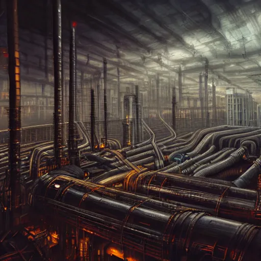 Prompt: futuristic dystopian endless, intricate, complex, labyrinthine, byzantine, tangled, industrial megafactory complex, smokestacks, pipelines and ducts and vents, landscape painting, steampunk, smoke, night, gloomy, dark, dramatic, cinematic, volumetric lighting, gods eye view