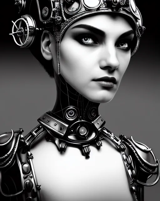 Image similar to black and white side portrait ultra detailed, beautiful female android with steampunk mechanical skin, crown, deity, sharp focus, highly detailed global illumination, concept art. 8 k