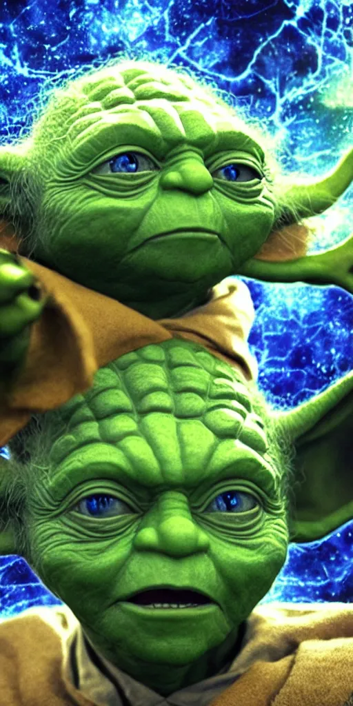 Prompt: well framed photo of yoda with cobalt blue eyes in a lush jurassic landscape, 4 k, hyper realistic, coherent design, symmetrical, vivid colour, trending on art station, in the style of pi - slices, complementary colour, golden ratio, detailed, sharp lines, intricate, rainbow shift, in unreal 3 d engine, ray tracing, octane render