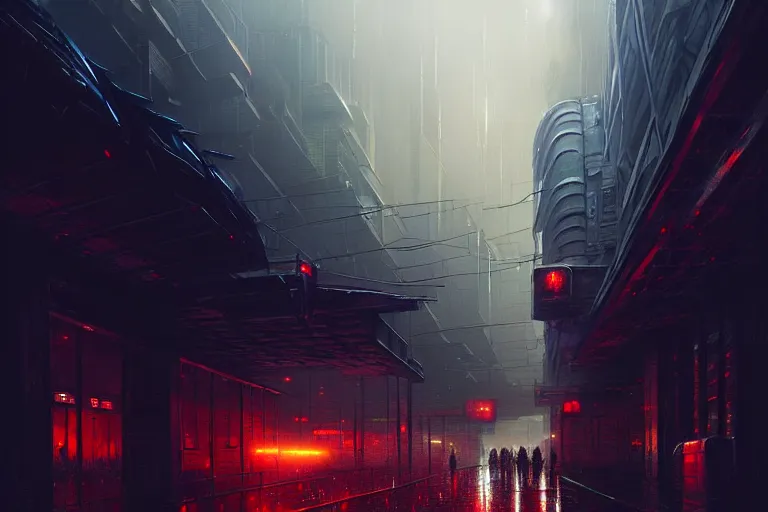 Image similar to gigantic cyberpunk megastructure, sidewalk, night, dramatic lighting, raining, chiaroscuro, high detail, painted by greg rutkowski, painted by igor kieryluk, painted by raymond swanland, trending on artstation