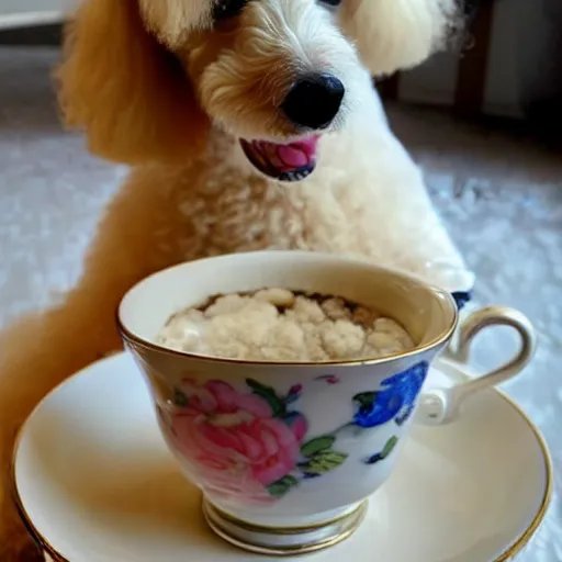 Image similar to very realistic cute poodle sitting inside a tea cup