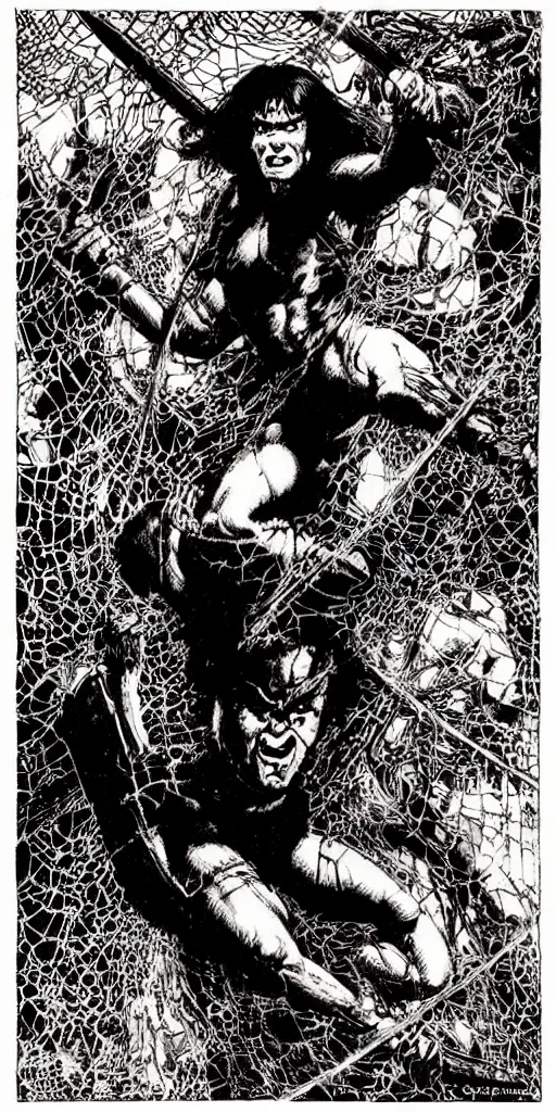 Image similar to “ conan the barbarian leaping to attack a giant black spider, red eyes ” “ a beautiful woman is tied up in spider webs ” val semeiks, barry windsor smith, john buscema, ernie chan, earl norem.