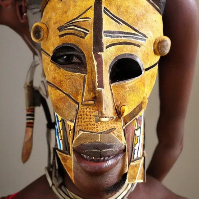 Prompt: a beautiful cyborg made of african ceremonial masks