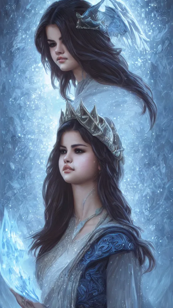 Image similar to Selena Gomez casting an frost spell, D&D, fantasy, intricate, elegant, highly detailed, digital painting, artstation, concept art, matte, sharp focus, illustration, hearthstone, art by Artgerm and Greg Rutkowski and Alphonse Mucha