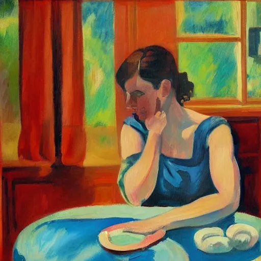 Prompt: a painting of a woman sitting at a table, a digital painting by isaac soyer, pixiv contest winner, american scene painting, digital illustration, digital painting, fauvism
