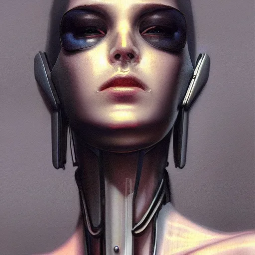 Image similar to cyberpunk robot fashion model portrait, hyperrealism oil painting, artstation