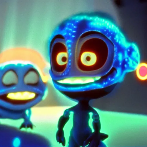 Image similar to cute smiling pixar and chibi style electric blue scaled glowing baby dinosaurs in tron movie, cinestill