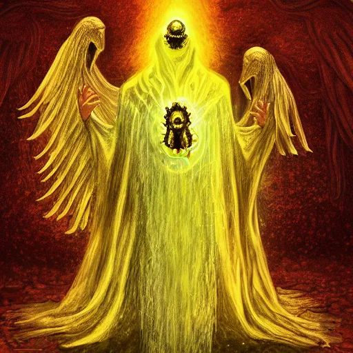 Image similar to hastur, the king in yellow fighting a biblical angel, digital painting, highly detailed