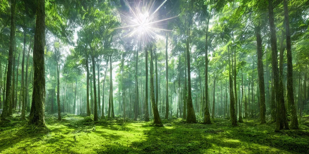 Prompt: immaculate forest with trees spaced at equidistant intervals between circular pools of water on the ground, with light flitering through the trees by Studio Ghibli, dynamic camera angle, deep 3 point perspective.