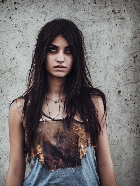 Image similar to hyperdetailed photo of a beautiful italian girl, brown eyes, dark hair, skin, winds of winter, with ripped grunge crop t - shirt fine face, pretty face