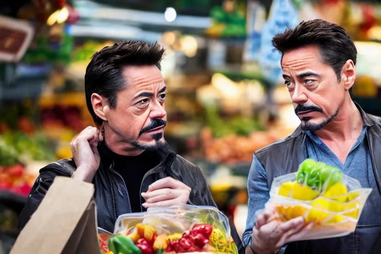 Prompt: tony stark stealing food from the market to eat outside, 8K, high detail, high resolution