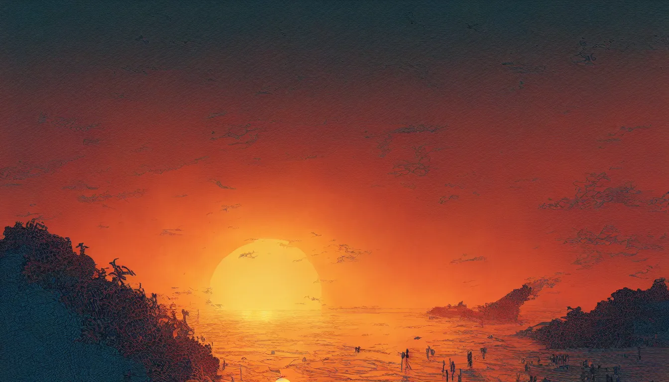 Image similar to sun setting over the horizon on a beach, chinese ink brush, yukio - e, kilian eng, victo ngai, josan gonzalez