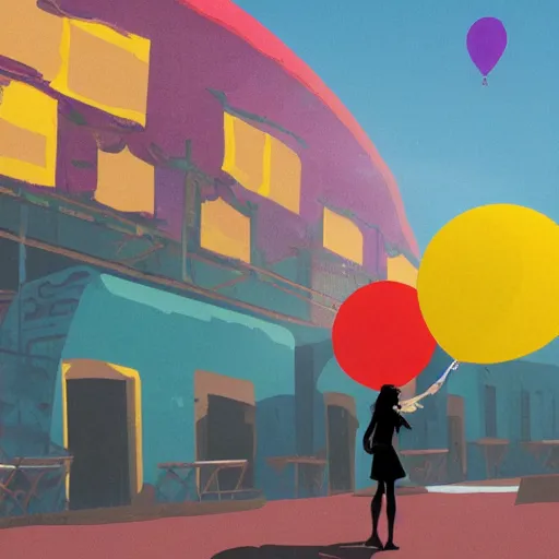 Image similar to a girl holding a balloon at a fairground. buildings with graffiti. silhouette. in the style of simon stalenhag