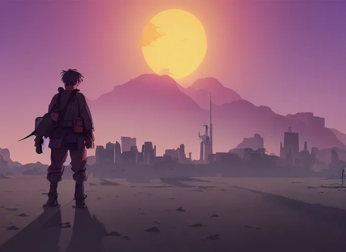 Prompt: cel shading background studio ghibli, soldier roaming through desert with city in the skyline, two suns, purple orange colors, sharp focus, illustration, highly detailed, digital painting, concept art, matte, art by wlop and artgerm and greg rutkowski, masterpiece