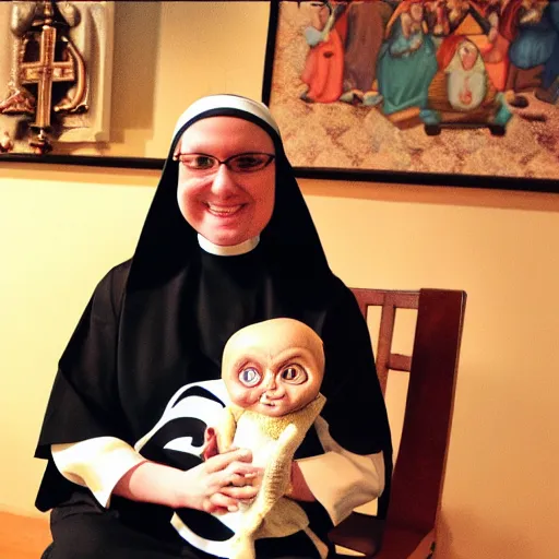 Image similar to a nun in church holding chucky the demonic killer doll on her lap