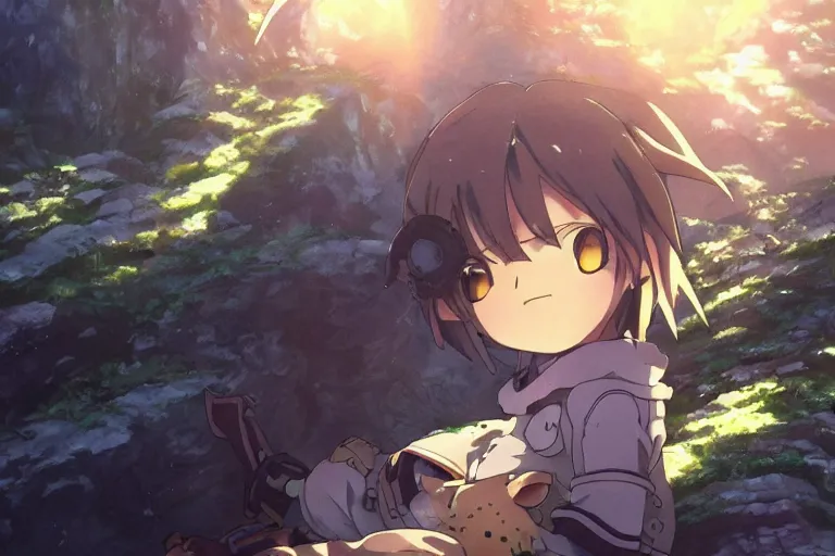 Prompt: anime key visual from Made in abyss, a close-up shot of SLEEPING CALICO CAT, beautiful lighting, god rays, stunning anime art