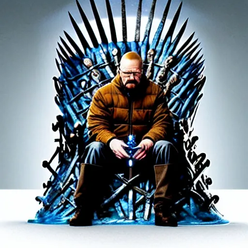 Image similar to “Very photorealistic photo of Walter White sitting on the Iron Throne from Game of Thrones, award-winning details”