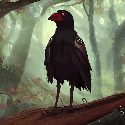 Image similar to concept art painting of an anthropomorphic crow person with steampunk clothes, in the deep forest, realistic, detailed, cel shaded, in the style of makoto shinkai and greg rutkowski and james gurney