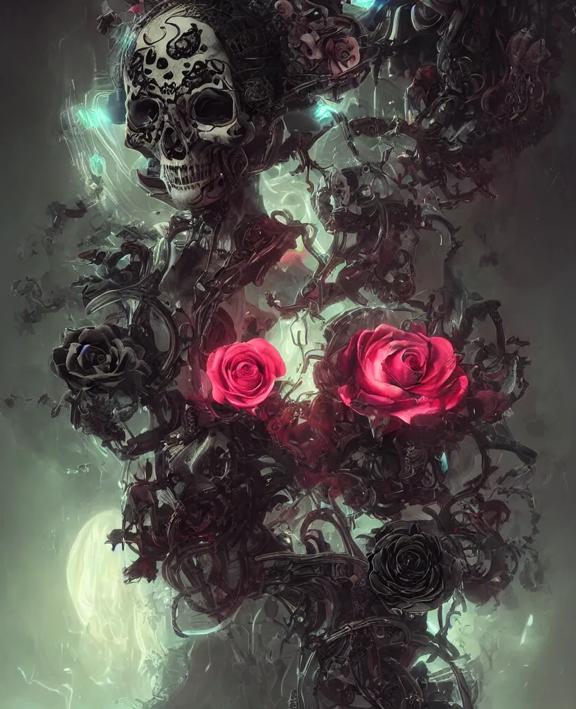 Prompt: a chaotic goddess of death skull black rose s day of the dead atmospheric, dramatic, Trending on artstation. augmentations and cybernetic enhancements neon circuits, greg rutkowski , hyperrealist, cinema4D, 8k highly detailed ❤️‍🔥 🔥 💀 🤖 🚀