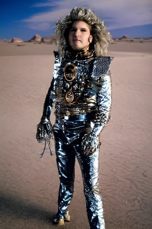 Image similar to portrait davis taylor brown dressed in 1 9 8 1 space fantasy fashion, heavy metal, shiny metal, standing in a desert