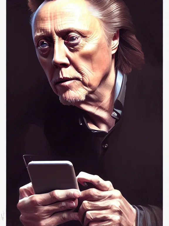 Image similar to portrait of christopher walken playing on his phone, intricate, headshot, highly detailed, digital painting, artstation, concept art, sharp focus, cinematic lighting, illustration, art by artgerm and greg rutkowski, alphonse mucha, cgsociety