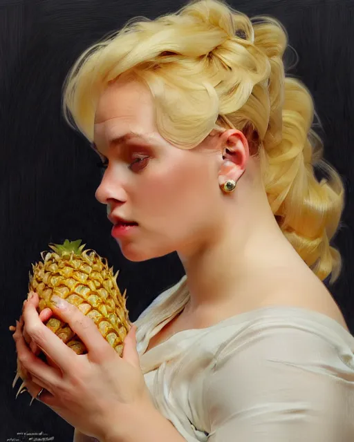 Image similar to Portrait of a fat drunk blond woman eating a pineapple dessert,real life skin, intricate, elegant, highly detailed, artstation, concept art, smooth, sharp focus, art by artgerm and greg rutkowski and alphonse mucha