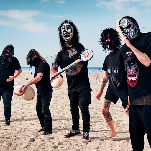 Prompt: the band slipknot playing volleyball at the beach