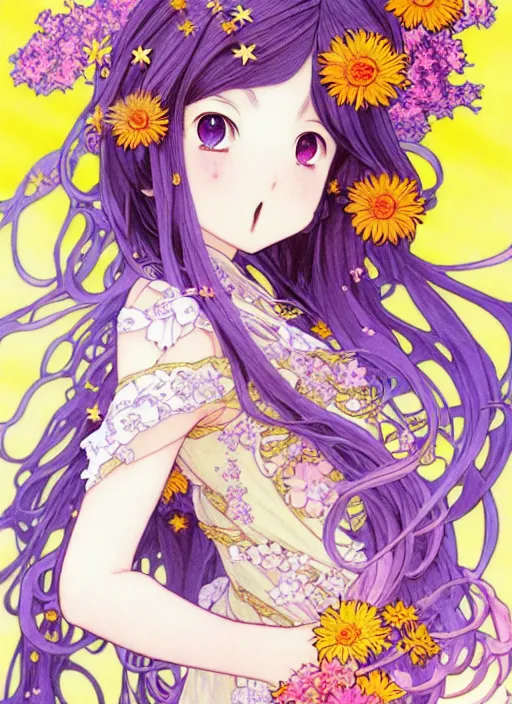 Prompt: exquisite imaginative manga poster art of a girl, long wavy hair, stars, flowers, rococo dress, shimmering, by kojima ayami, shigenori soejima, minaba hideo, alphonse mucha, jump comics, shogakukan, art nouveau, illustration, artstation, highly detailed, 8 k, colorful, maximalist