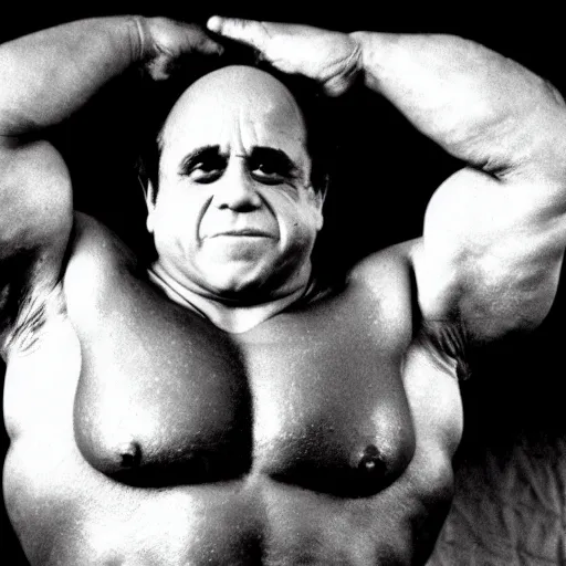 Image similar to photograph of danny devito as a professional bodybuilder, happy facial expression, black and white photograph, 3 5 mm