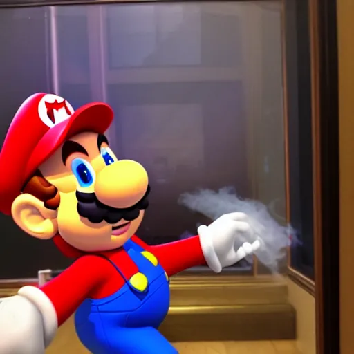 Image similar to mario trying to escape a room filling with smoke