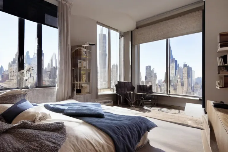 Image similar to A sunny bedroom, exquisite decoration, all New York Apartments style furniture, high tech