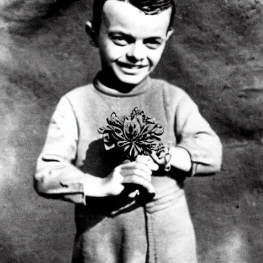 Image similar to the little prince of saint exupery smiling with a purple flower on his hand made of clay