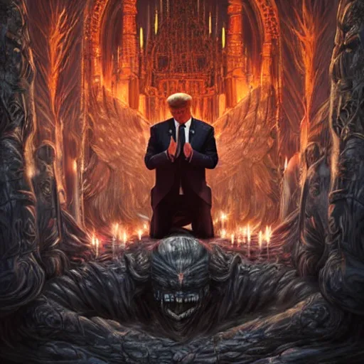 Prompt: Donald Trump praying to the Dark Gods at the unholy temple of DarkMAGA, highly detailed, digital art by Ross Tran and Greg Rutkowski