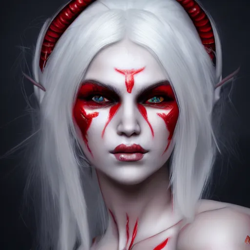 Image similar to a highly detailed portrait of a humanoid demon girl with white hair, red horns, in white clothes, artstation, deviantart, professional, unreal engine 5, photorealistic, digital art