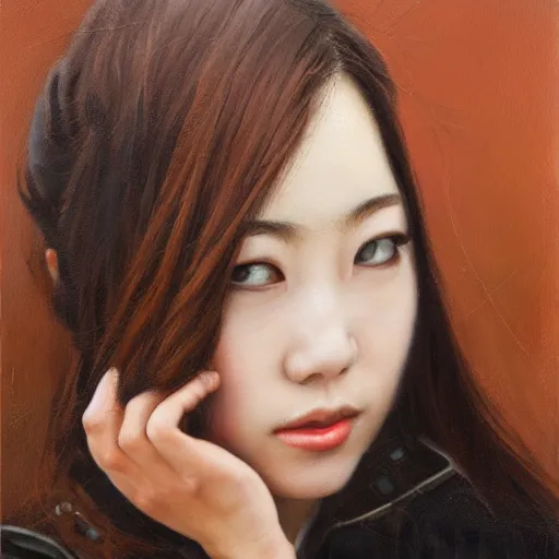 Image similar to perfect, realistic oil painting of close-up japanese young woman wearing leather jacket