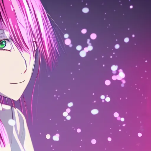 Image similar to pink haired woman in the anime style crossing her arms across her chest, motion blur, holography,