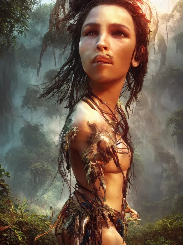 Prompt: Cinematic portrait of a beautiful young woman savior in the jungle, future warrior, trending on artstation, octane render by Jim Burns and John Harris and Pablo Munoz Gomez and Tomasz Alen Kopera