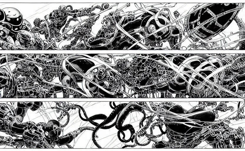 Image similar to black and white avengers with tentacles fights with marvel monsters with wires, isometric, by tsutomu nihei, background cybernetic planets