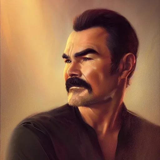 Image similar to a beautiful portrait of burt reynolds, oil painting, Greg Rutkowski, Charlie Bowater, Yuumei, Yanjun Cheng, unreal 5, DAZ, hyperrealistic, octane render, RPG portrait, dynamic lighting, fantasy art, beautiful face