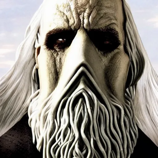 Image similar to Saruman wearing 3M gas mask on top of his head like Walter White