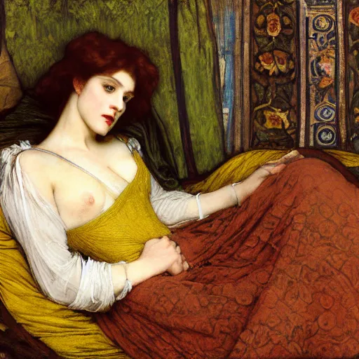 Prompt: preraphaelite photography reclining on bed, a hybrid of judy garland and a hybrid of sappho and eleanor of aquitaine, aged 2 5, big brown fringe, yellow ochre ornate medieval dress, john william waterhouse, kilian eng, rosetti, john everett millais, william holman hunt, william morris, 4 k