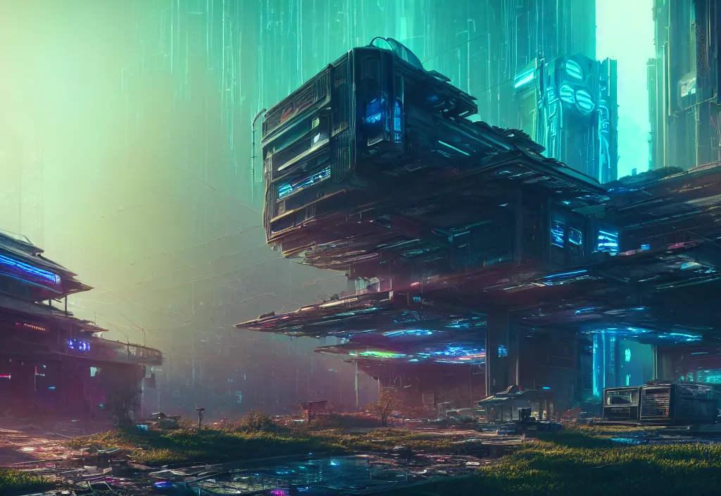 Image similar to A highly detailed crisp unreal engine render of A beautiful futuristic cyberpunk cybertech abandoned building with neon like plants, perfect well made rainbow on the sky, sunlight breaking through clouds, debris on the ground, abandoned machines by wangchen-cg, 王琛,Neil blevins, artstation