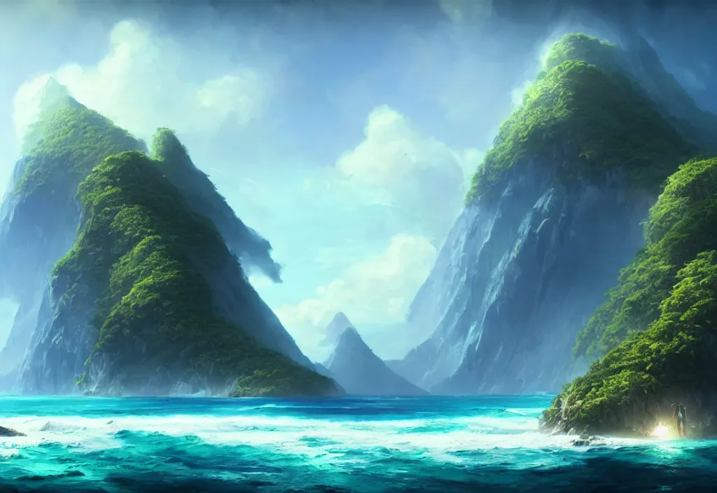 Prompt: island surrounded by ocean, large mountain covered in jungle, epic blue sky, vast ocean, cinematic view, concept art, high detail, well lit, volumetric, godrays, vivid, trending on artstation, by jordan grimmer, art greg rutkowski