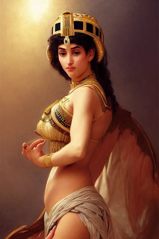 Image similar to Jessica Kahawaty as a beautiful egyptian princess, gorgeous, portrait, powerful, intricate, beautiful, masterpiece, elegant, volumetric lighting, back lighting, rimlight, dramatic lighting, digital painting, highly detailed, artstation, sharp focus, illustration, William-Adolphe Bouguereau, Hajime sorayama, ruan jia