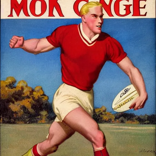 Image similar to 1920s magazine advertisement featuring a handsome blonde rugby player in a running pose, rugby ball in the crook of his arm, full color painting by J.C. Leyendecker